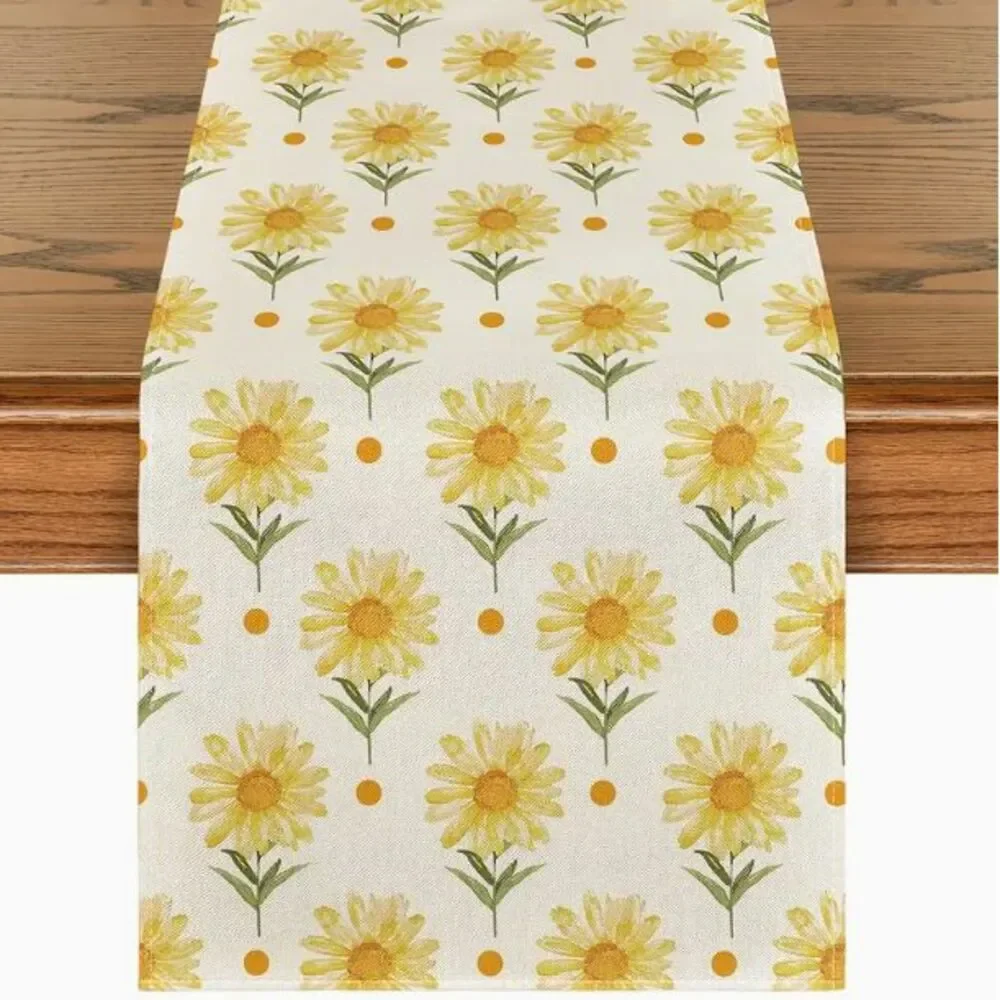 Table Runner 13x72in Woven Polyester Sunflowers Yellow Spring Summer Floral
